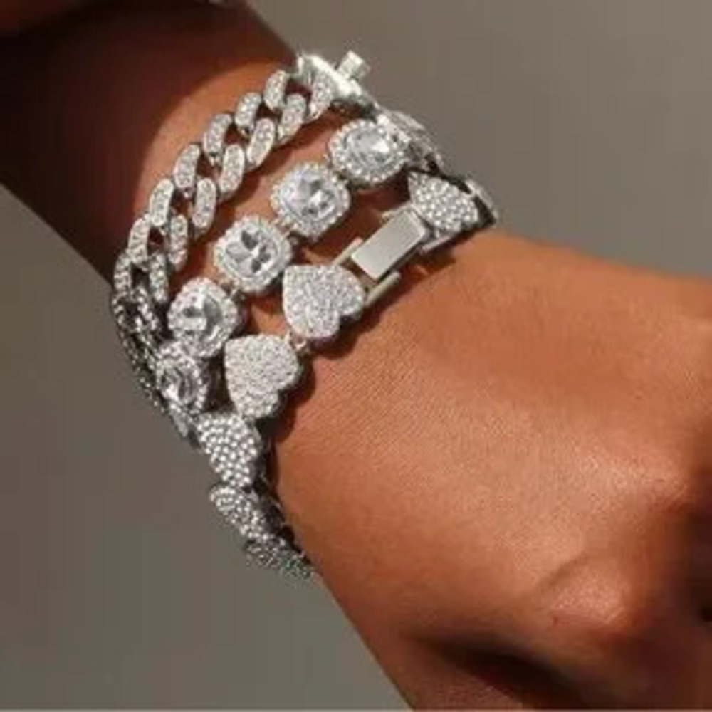 1 pc Rhinestones Miami Cuban Chain Bracelet for Women Men Iced Out Chunky Tennis